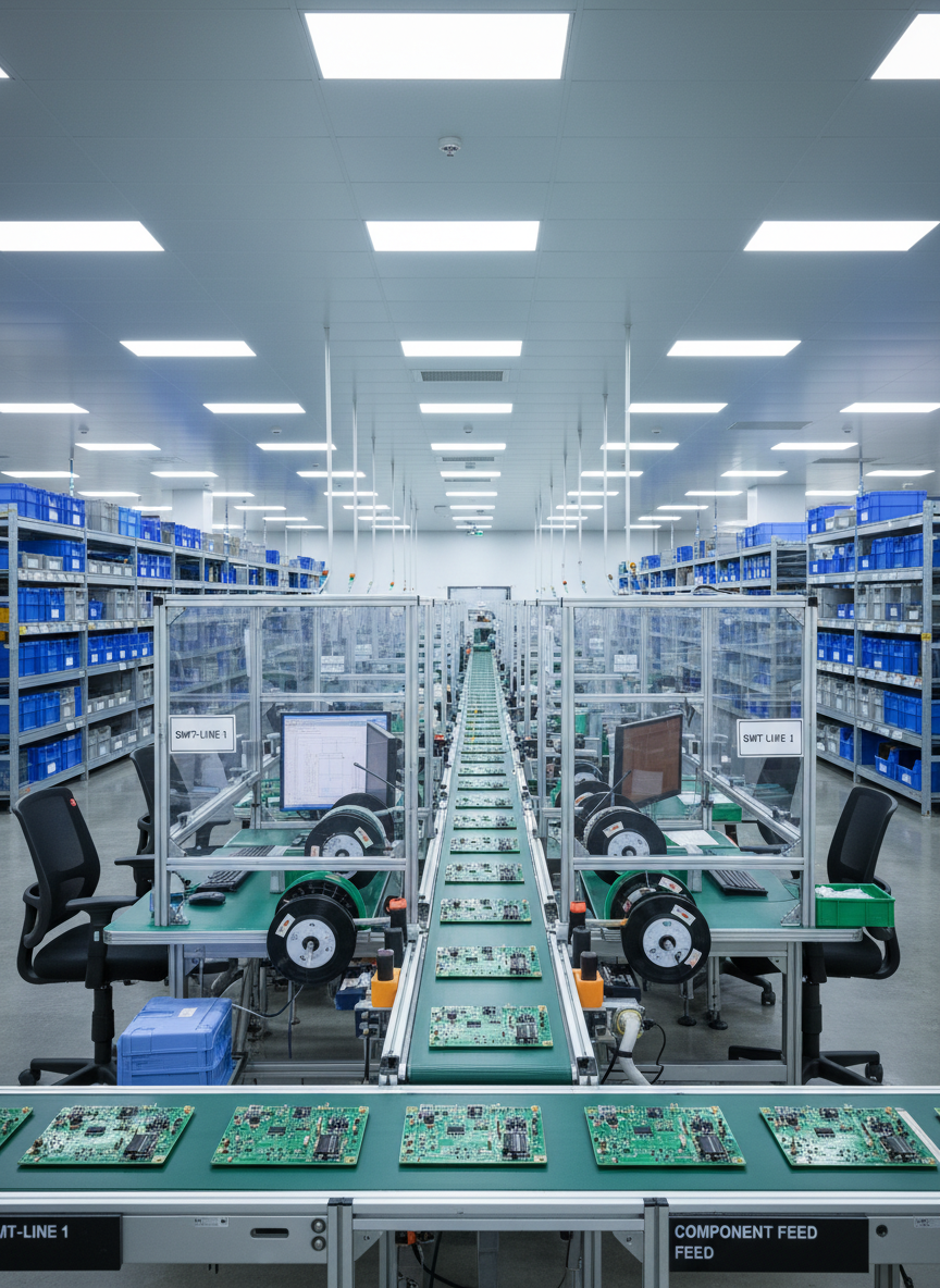 A meticulously organized automotive electronics assembly line inside a spotless, modern factory hall, featuring long, stainless-steel conveyor lines populated with partially assembled circuit boards, reels of surface-mount components, and neatly labeled workstations. Overhead LED lighting casts bright, neutral light, highlighting the metallic finishes and green PCBs while keeping shadows soft and minimal. In the distance, tall racks of labeled containers and anti-static bins form symmetrical rows, reinforcing a sense of order and precision. Shot from a slightly elevated wide-angle perspective, the composition uses leading lines from the conveyors to draw the eye into the depth of the space. The photographic realism, cool color palette, and clean, professional atmosphere support content about overall production flow and factory layout best practices.