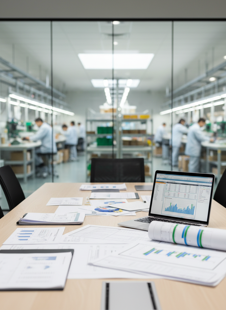 A clean, modern manufacturing conference room table made of light maple wood, covered with neatly arranged documents, a silver laptop displaying a colorful production dashboard, and a precise Gantt chart printed on crisp white paper. In the background, through a large interior glass wall, a blurred view of an automotive electronics assembly line with orderly workstations and neatly stacked component reels suggests a professional factory environment. Soft, diffused daylight from overhead skylights creates even, shadow-free illumination, emphasizing clarity and order. Captured at eye level with a shallow depth of field that keeps the tabletop items in sharp focus while the production area softly fades into bokeh, the photographic realism and balanced composition convey a calm, analytical, and highly organized mood, ideal for an article about foundational manufacturing management concepts.