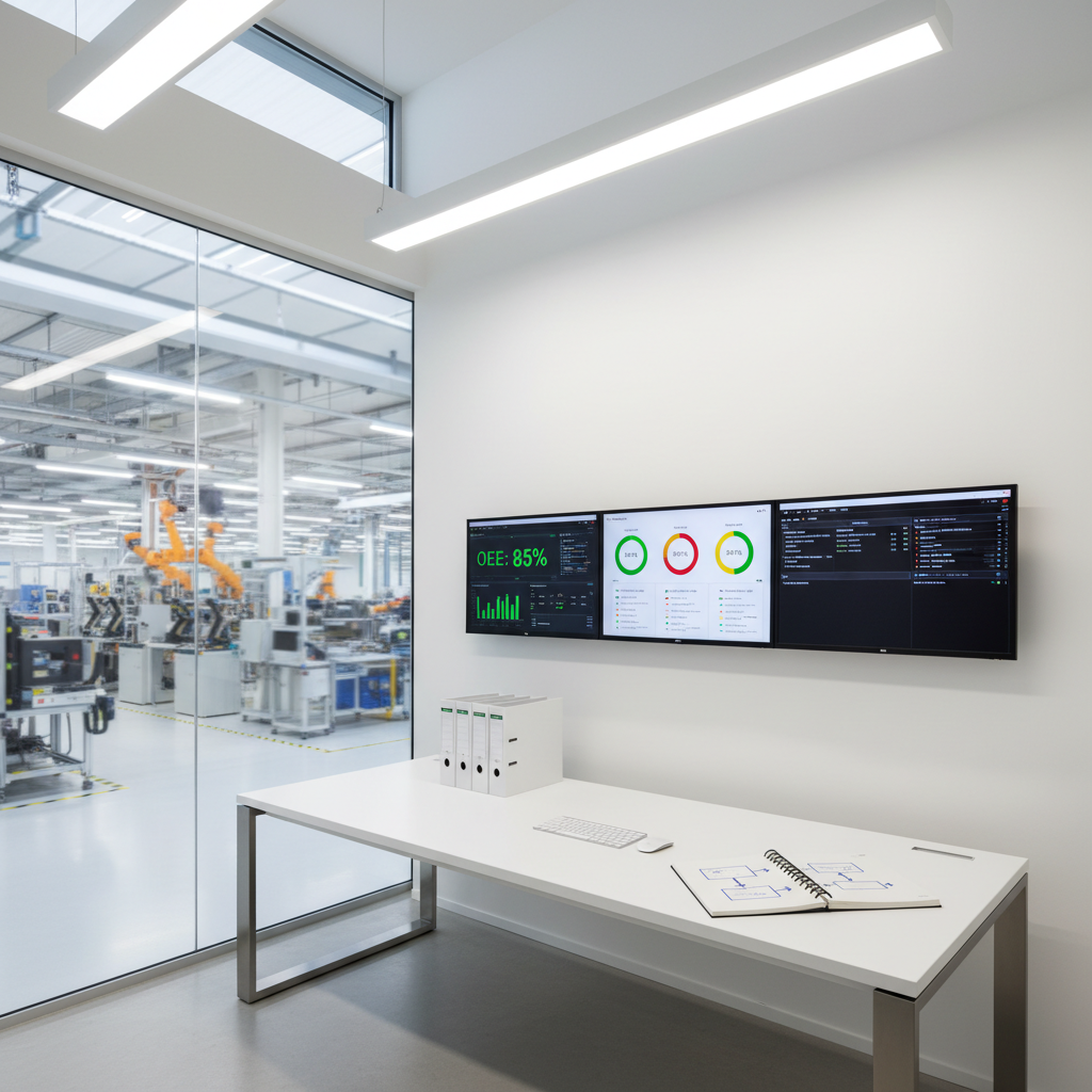 A spacious, glass-walled operations office overlooking a modern automotive electronics production floor, with multiple large monitors mounted on a clean white wall displaying OEE dashboards, color-coded KPI charts, and live production status. A long, minimalist white desk holds a few organized binders, a slim keyboard, and a notebook opened to a sketched process flow. Outside the glass, rows of assembly lines and test stations are visible but slightly blurred, creating context without distraction. Neutral, even overhead lighting blends with soft daylight filtering in from high windows, giving the space a bright, focused feel. Shot from a slightly elevated corner angle with sharp focus throughout, the photographic, clean and modern aesthetic conveys strategic oversight and data-driven management, suitable for topics like performance reviews, KPI setting, and plant-wide leadership.