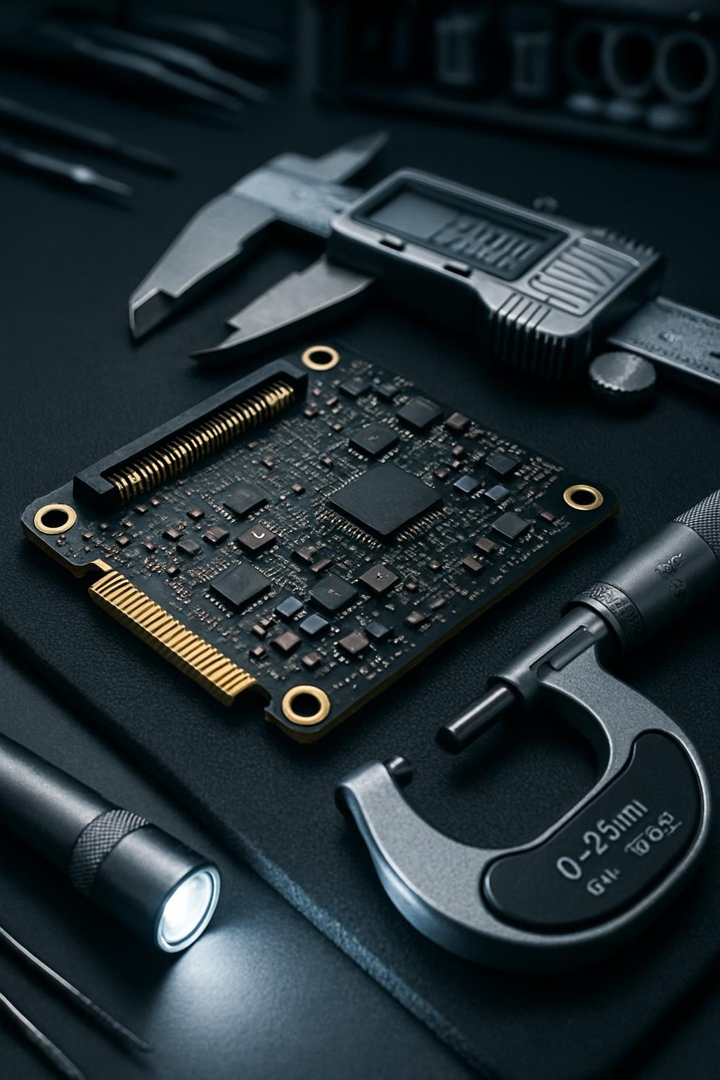A close-up, highly detailed view of an automotive electronics PCB resting on a dark, anti-static mat, with gold-plated connectors, finely routed copper traces, and precisely placed surface-mount components arranged in perfect alignment. Next to the board lies a digital caliper, an open micrometer, and a small inspection light, all made of brushed metal with engraved measurement markings. Overhead, cool white task lighting produces crisp, high-contrast illumination that accentuates textures and tiny details, casting subtle, sharp-edged shadows. The background fades into a soft blur of neatly arranged ESD-safe tools and component reels. Captured with a macro lens and shallow depth of field in photographic realism, the mood is meticulous and analytical, ideal for illustrating articles about quality control, precision engineering, and first-piece inspection.