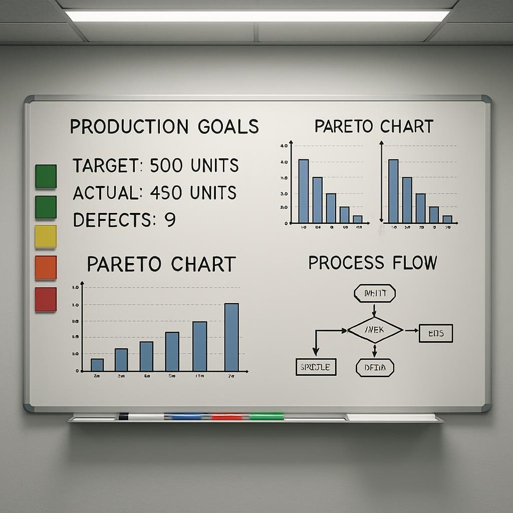 A large whiteboard mounted on a light gray wall in a factory meeting area, filled with carefully written production goals, color-coded Pareto charts, and clearly drawn process flow diagrams, all in neatly aligned rows. Magnetic status tags in red, yellow, and green form a visual progress tracker along one side. Below the board, a narrow shelf holds dry-erase markers arranged by color and a neatly stacked set of clipboards. Overhead fluorescent lights provide bright, uniform illumination, making every line and symbol crisp and readable, while casting soft shadows under the shelf. The scene is captured straight-on at eye level with photographic realism and a balanced, centered composition, creating a structured, purposeful mood that supports content about effective meetings, daily stand-ups, and structured problem-solving in manufacturing management.